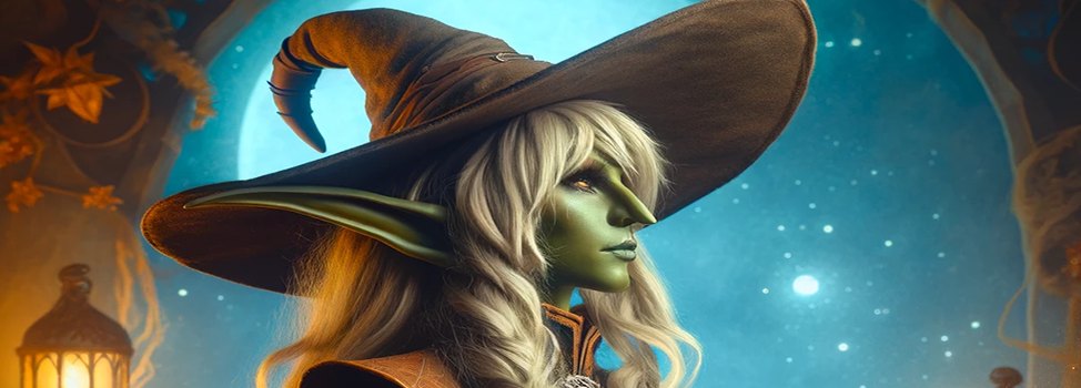 A green-skinned goblin in a wide-brimmed witch's hat under a starry sky